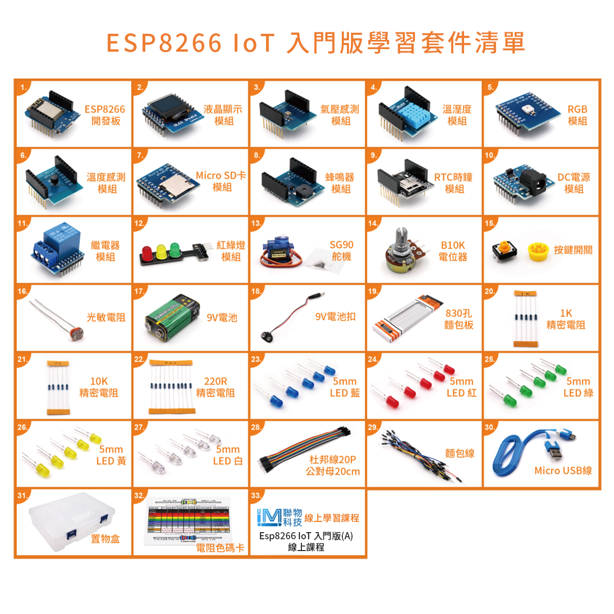 ESP8266 IoT 入門學習套件清單